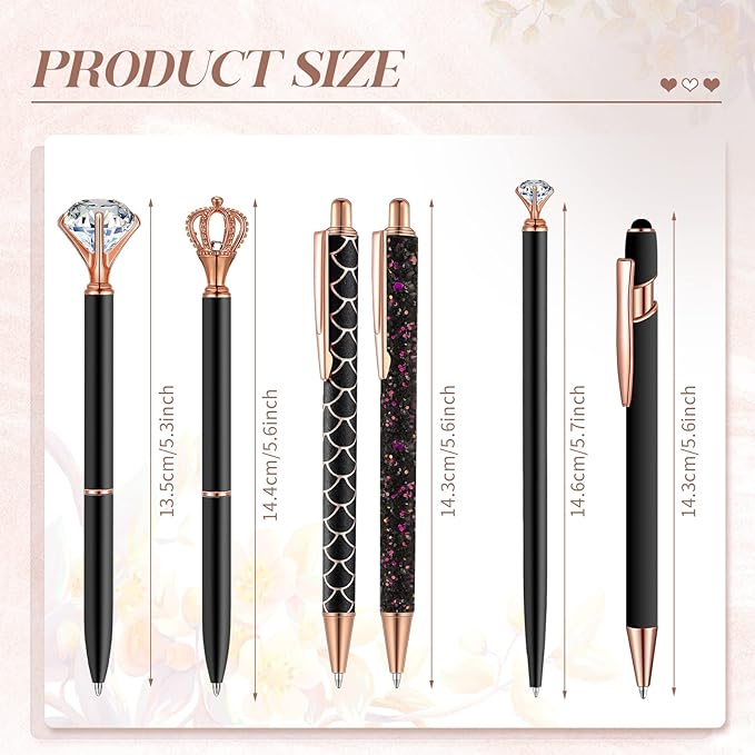 6 Pcs Ballpoint Pens Set Metal Crystal Diamond Pen for Journaling Glitter Pretty Cute Stationery Black Ink Fancy Gifts for Women Girls Teacher Office Wedding School Supplies(Black)