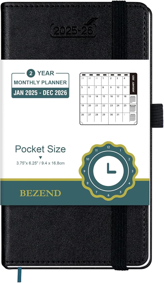 BEZEND 2 Year Pocket Calendar 2025-2026 - Small Monthly Planner for Purse 6.5" x 3.5", Runs Jan 2025 to Dec 2026, 100 GSM Paper, Pen Loop & Notes, PU Leather Hardcover in Black