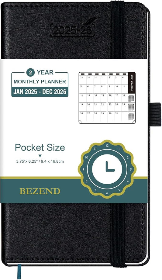 BEZEND 2 Year Pocket Calendar 2025-2026 - Small Monthly Planner for Purse 6.5" x 3.5", Runs Jan 2025 to Dec 2026, 100 GSM Paper, Pen Loop & Notes, PU Leather Hardcover in Black