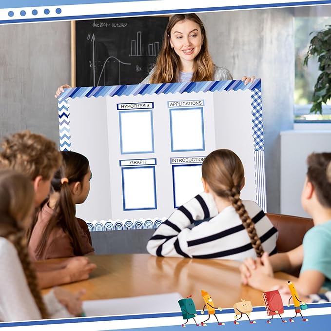 90 Pcs Science Fair Board Supplies 60 Trim Scalloped Bulletin Board Borders 24 Presentation Board Subtitles 6 Science Fair Titles for Classroom Display Boards (Blue Boho)