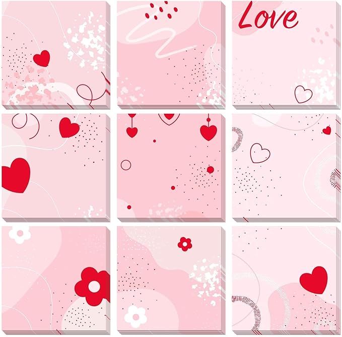 9 Pieces Valentine's Day Sticky Notes Valentine Heart Sticky Notes Self-Adhesive Note Pads Sticky Memo Notes for School Office Home Supplies Students Teachers Presents Valentine's Day