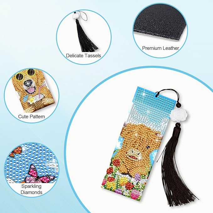 Anseal 3 Pcs Diamond Art Bookmarks for Book Lovers, Spring Summer PU Leather Aanimal Print Diamond Crafts Bookmarks for Women Girls, Tassel Beaded Book Mark for Graduation Birthday Reading Present