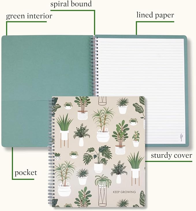 Steel Mill & Co Cute Large Spiral Notebook College Ruled, 11" x 9.5" with Durable Hardcover and 160 Lined Pages (Sage Plants)