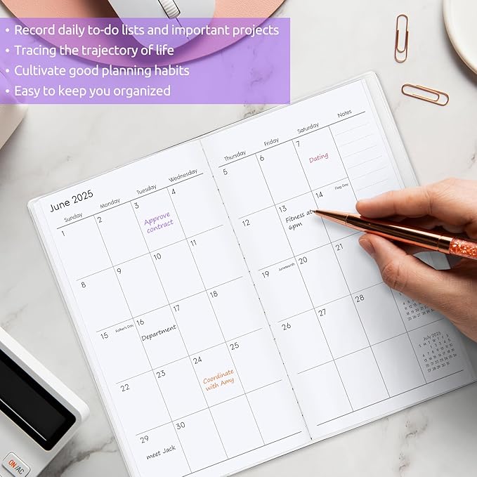 Pocket Calendar 2025-2026, Purple Monthly Planner 2025-2026 - 3.7" x 6.7" - Runs from January 2025 Until December 2026, Small Pocket Calendar 2025 with PVC Cover for Planning