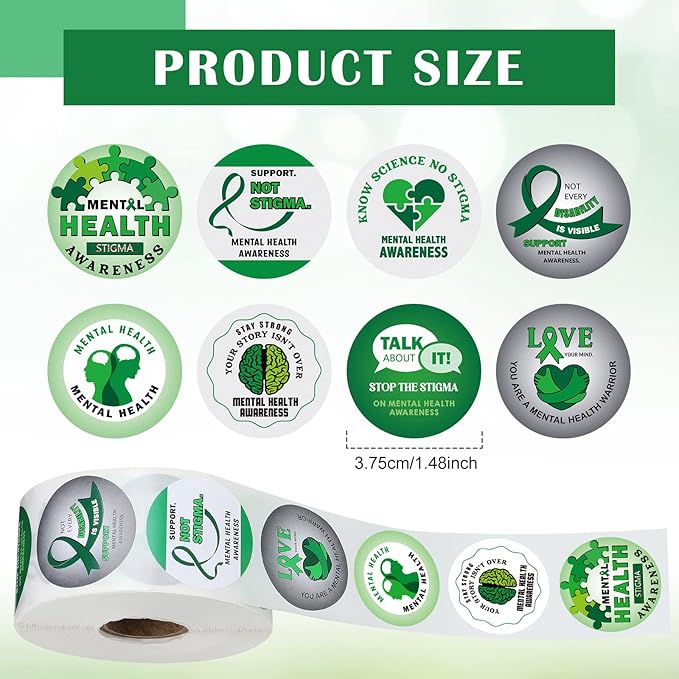 1000 Pieces Mental Health Awareness Stickers Small Green Ribbon Awareness Stickers Mental Health Gifts for Adult Women Men Teens Kids Fundraiser Event Mental Health Handout Supplies, 8 Styles