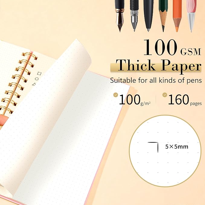 Dot Grid Spiral Notebook A5 Spiral Bullet Dotted Journal 160 Pages Thick Dot Paper Notebooks Plastic Hardcover Spiral Notebook 5x7 Wire Bound Notebooks for Note Taking School Office Supplies,Pink