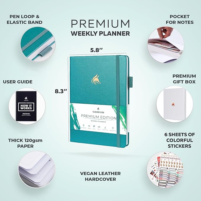 Clever Fox Planner Premium Edition – Undated Luxurious Weekly & Monthly Planner to Increase Productivity and Hit Your Goals – Organizer – Start Anytime, A5, Lasts 1 Year, Aquamarine (Weekly)