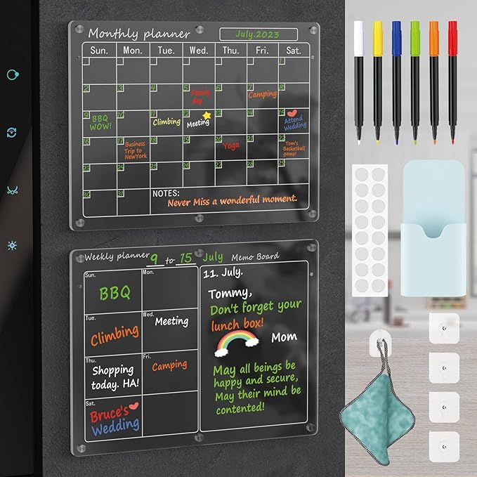 Magnetic Acrylic Calendar for Fridge,2 Pack 12"x16" Clear Fridge Calendar Dry Erase Magnetic Planning Boards Set Includes 6 Colorful Highlight Markers,Magnetic Pen Holder and Erase Towel