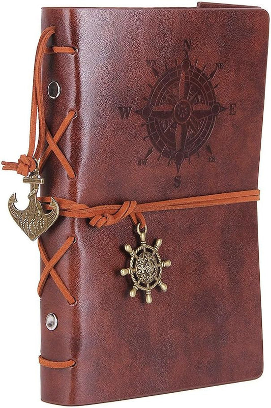 EvZ Leather Writing Journal Notebook, 7 Inches Vintage Nautical Spiral Blank String Diary Notepad Sketchbook Travel to Write in, Unlined Paper, Retro Pendants, Classic Embossed, Retro Coffee