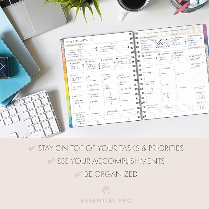 Essential PRO 2025 Daily, Weekly & Monthly Planner, 7"x9": 14 Months (Nov 2024 - Dec 2025) Monthly Tabs,Daily Tracking,Notes Pages,Storage Pocket,Bookmark w Sticky Notes (Rainbow Petals)