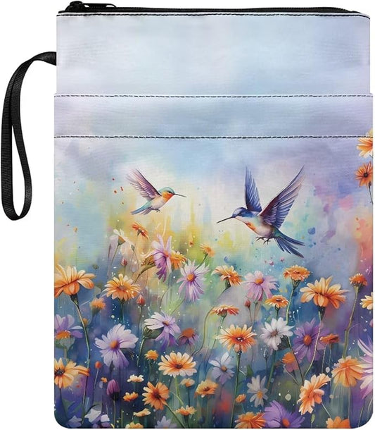 COEQINE Flower Birds Book Cover Zipper Pouch Portable Book Washable Fabric for Teen Adult Book Lover Teacher Student 9 x 11 Inch
