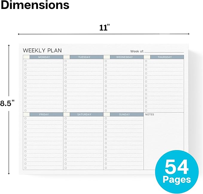 Dunwell Large Weekly Planning Pad, 8.5x11 Weekly To Do List, 54 Letter Size Tear-Off Pages, Undated Weekly Desk Planner Pad, Productivity Planner with 7-Day Checklist, Matching Notepad
