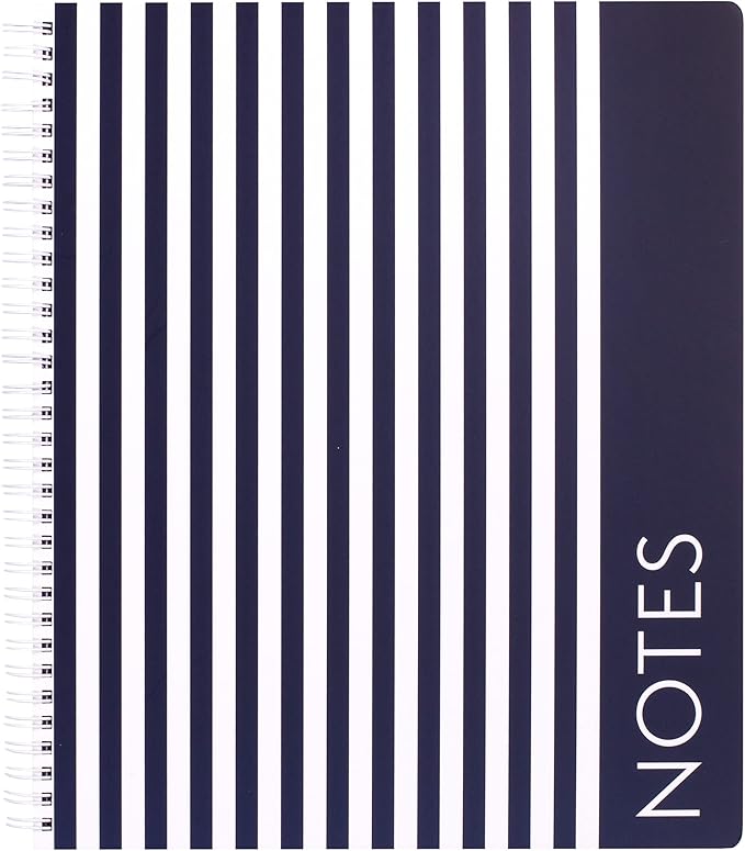 Steel Mill & Co Cute Large Spiral Notebook College Ruled, 11" x 9.5" with Durable Hardcover and 160 Lined Pages, Navy Stripe
