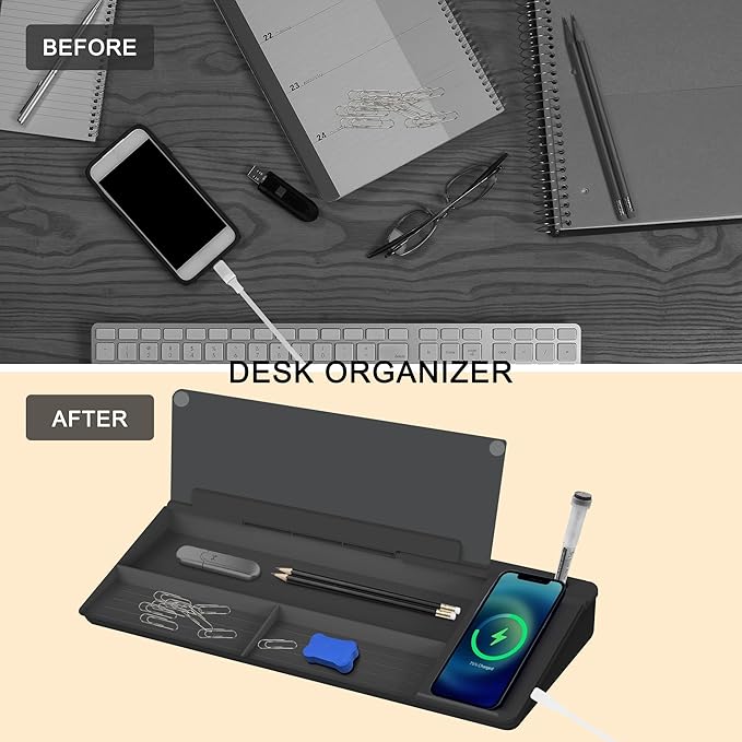 SELEAD Desktop Glass Whiteboard with Wireless Charger Station, Dry Erase Board Computer Pad Keyboard Stand with Organizer for Home, School, Office Desk Accessories, Black