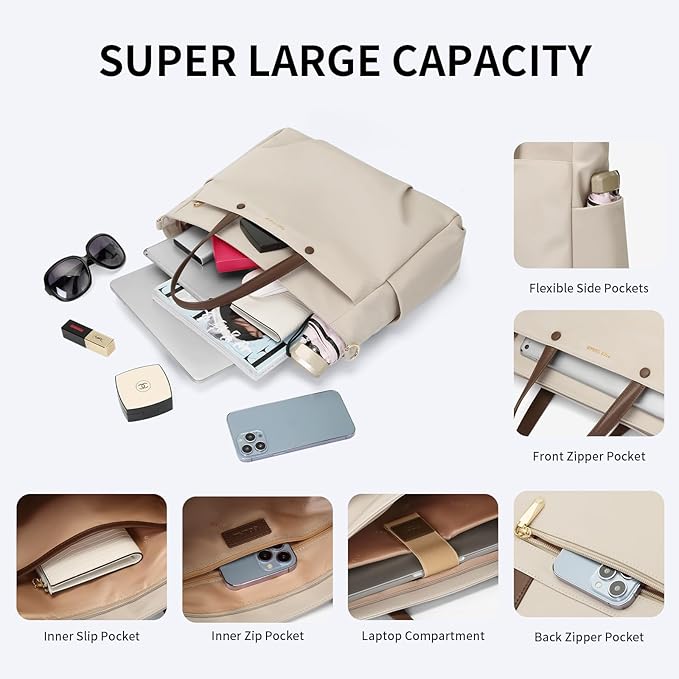 Laptop Tote Bag 15 Inch, Computer Shoulder Bag Large Work Tote Bag for Women, Laptop Carrying Case Stylish Handbag for Business Travel (Apricot)