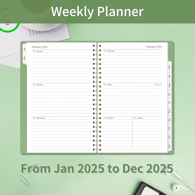 2025 Planner Weekly and Monthly, Calendar Planner with Monthly Tabs, 2025 Weekly Planner from Jan 2025 - Dec 2025, Weekly Monthly Planner with Spiral Binding- 6.3" X 8.5", Green