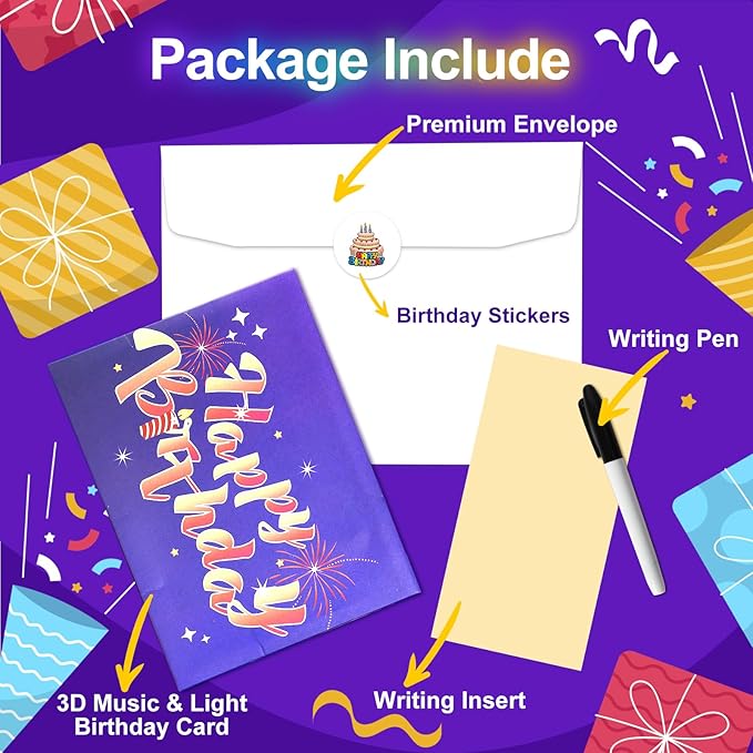Musical Birthday Card, Pop up 3D LIGHTS & SOUND Firework Happy Birthday Decorations Greeting Cards for Women With Envelopes Purple