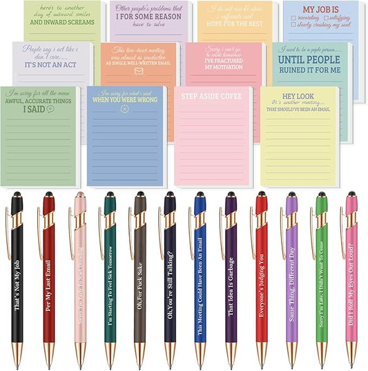 Snarky Funny Office Notepads Pens,24 Pcs Negative Sarcastic Hilarious Quotes Work Ballpoint Pens with Stylus Tip Sticky Notes for Colleague Co-workers Gift