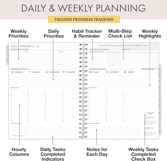 Essential PRO 2025 Daily, Weekly & Monthly Planner, 8.5"x11": 14 Months (Nov 2024 - Dec 2025) Monthly Tabs,Daily Tracking,Notes Pages,Storage Pocket,Bookmark w Sticky Notes (Rainbow Petals)
