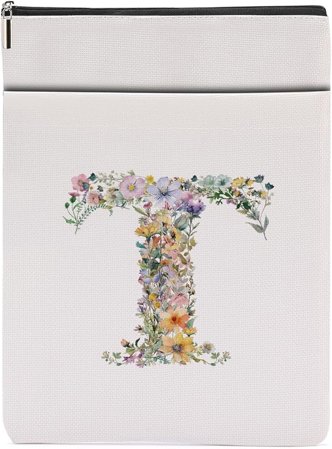 Monogrammed Book Sleeve Floral T Initial Book Pouch Book Accessories Book Lovers Gifts Waterproof Book Cover Book Protector Bookish Gifts Personalized Gifts for Women Girls Readers Bride Teacher