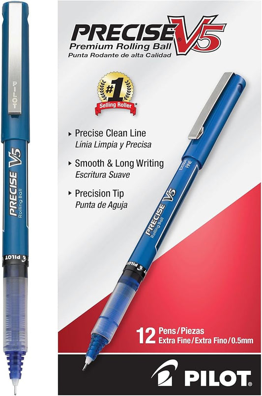 Pilot, Precise V5, Capped Liquid Ink Rolling Ball Pens, Extra Fine Point 0.5 mm, Blue, Pack of 12