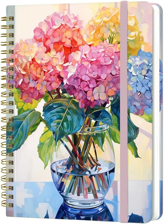 Yoiilifee Spiral Notebook - A5 Spiral Notebooks, 8.3'' × 5.8'', 160 Pages, Aesthetic Journaling Notebooks for Women, College Lined Notebook with Elastic Closure, Back Pocket, for School Office, vase