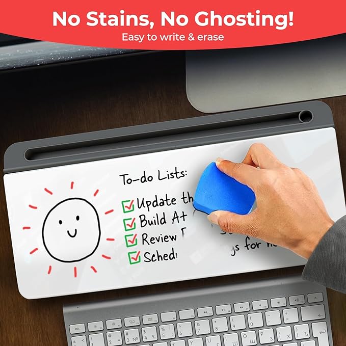 Chalkola Glass Desktop Whiteboard with Storage - Dry Erase Board, Work Desk Organizers, Computer Keyboard Stand, Home Office Desk Accessories, Small White Board, Workspace Desktop Buddy + 3 Markers