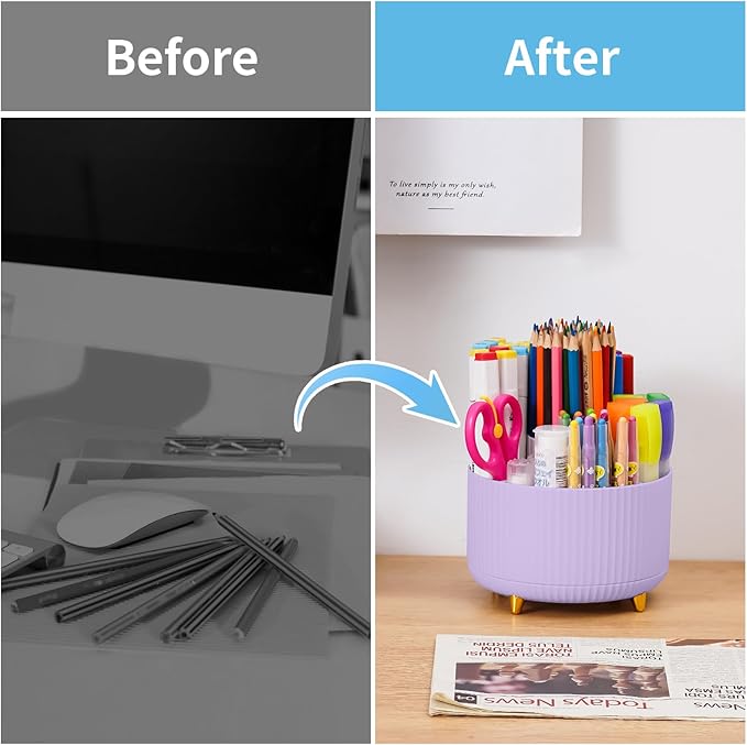 Marbrasse Desk Organizer, 360-Degree Rotating Pen Holder for Desk, Desk Organizers and Accessories with 5 Compartments Pencil Organizer, Art Supply Storage Box Caddy for Office, Home（Purple）