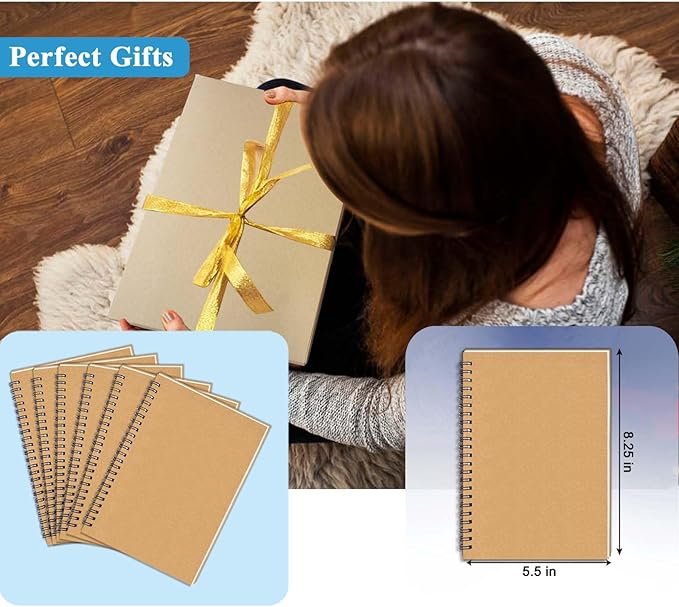 GINMLYDA 6Pack Small Spiral Notebook A5, 8.25x5.5” 120 Lined Pages Wide Ruled Spiral Journal Bulk Blank Kraft Cover Spiral Bound Notebook & Writing Pads for Home Office Meeting Work Note Taking