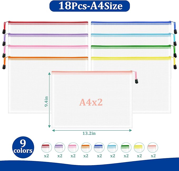 18pcs Mesh Zipper Pouch Bags, A4 Zipper Pouch, Mesh Bags With Zipper, Plastic Zipper Pouches, 9 Colors Zipper Pouches for Organizing, Board Game Storage, Travel, School Office organize