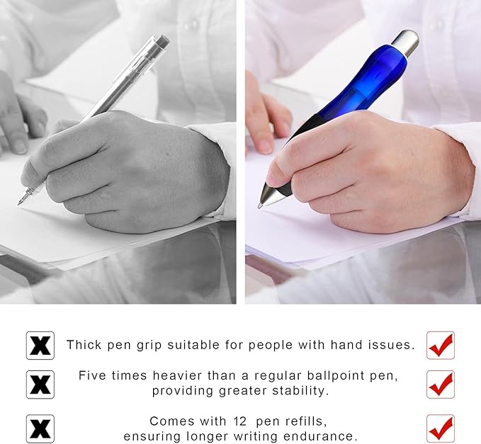 14pcs Big Fat Pens Aids Writing For Tremor, Arthritis, Parkinson, Handicap, Carpal Tunnel Large Wide Grip Pens Blue (2 Pens + 6 Black Refills + 6 Blue Refills)