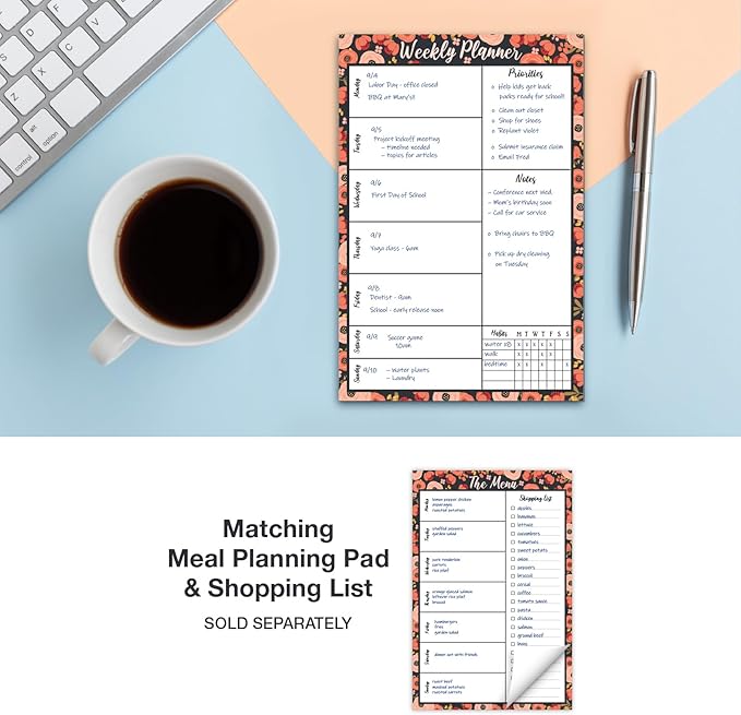 Global Printed Products 6" x 9" Vertical to-Do List and Weekly Planning Pad, 60-Sheets, Peach & Pink Floral