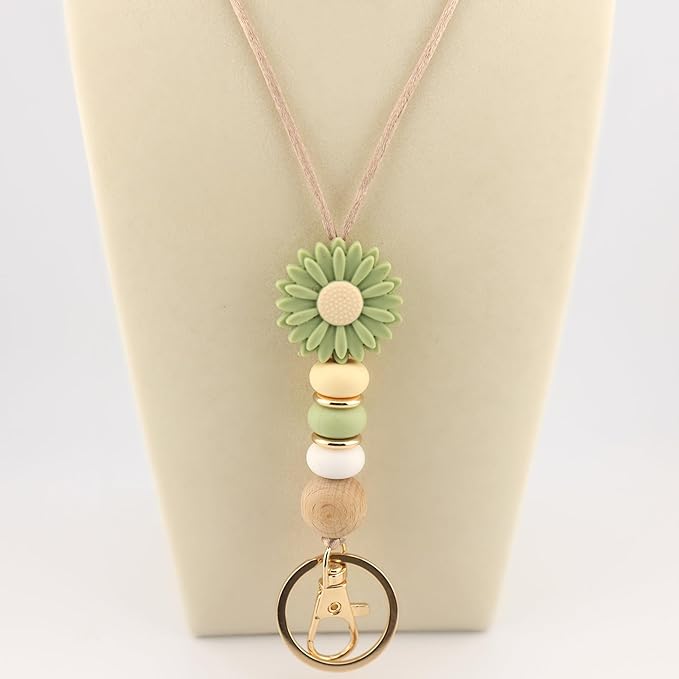 Flower Teacher Lanyards ID Badge and Key Chain, Cute Silicone Beads Lanyard for Women Nurse Work Student (Lovelia)