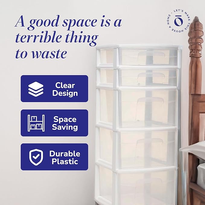 HOMZ 2-Pack 5-Drawer Storage Unit, Home & Office Plastic Organizer, White Frame