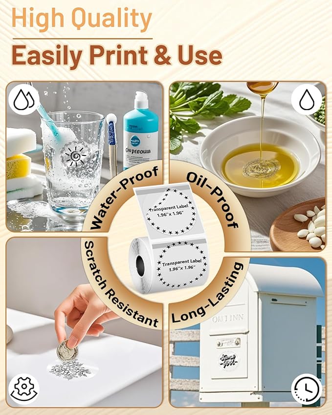 Phomemo Transparent Thermal Labels for M110/M220/M221/M120/M250 Label Maker,1.96"x1.96"(50x50mm),140 Labels/Roll, Multi-Purpose Self-Adhesive Phomemo Original Labels for Barcode/Logo/Business/Home Tag