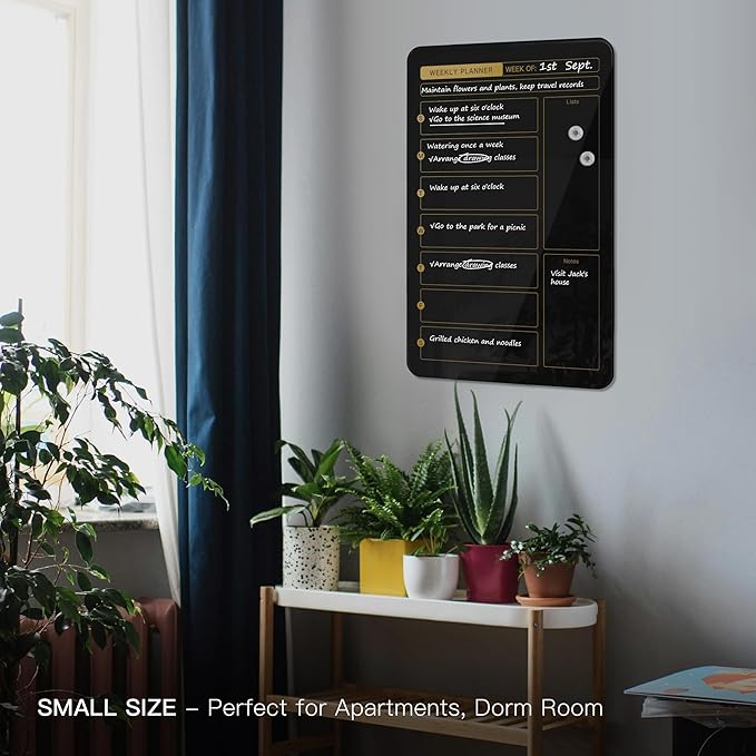 SELEAD Magnetic Glass Whiteboard Weekly Planner - 16”x24” Dry Erase Calendar White Board for Wall, Menu Notes Grocery List Board for Home Kitchen Restaurant - Black&Gold