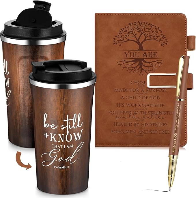 Pickmesh 3 Pcs Christian Gift for Men Man of God Gift Bible Verse A5 Leather Journal with Ballpoint Pen 17 oz Stainless Steel Tumbler Easter Gift Baskets for Father's Day Pastor Birthday Church(Brown)