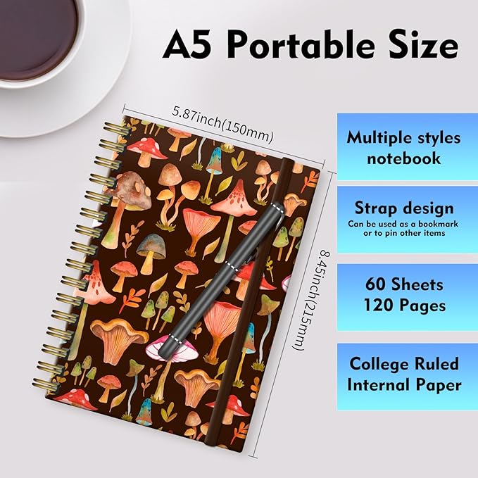 Spiral Journal Notebook, A5 Cute Notebooks for Women Men, College Ruled Hardcover Notebook for Work & Note Taking, 60 Pages Double-Wire Journals for Writing Boho Mushrooms