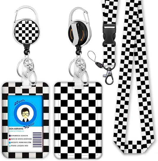 Black and White Checkered Lanyards for Id Badges, Cute Badge Reel Heavy Duty with Carabiner Clip, Fashionable ID Badge Holder with Breakaway Lanyard, Teacher Nurse Office Christmas Gifts