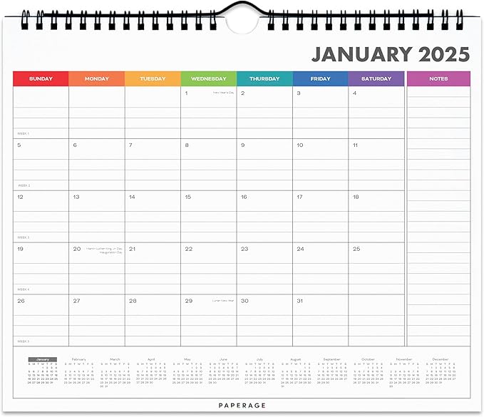 PAPERAGE Calendar 2025-12 Month (Rainbow), Minimalist Wall and Desk Calendar with Monthly Views and Yearly Plans – Small (9 in x 11 in)