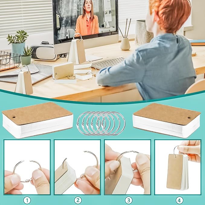 MotBach 300 Sheets White Blank Flash Cards with Binder Rings,3.5 x 2.2 Inch Index Cards, Small Note Cards Study Cards Learning Cards Kraft Paper Cards, Easy Flip Mini Index Note Flashcards (6 Pack)