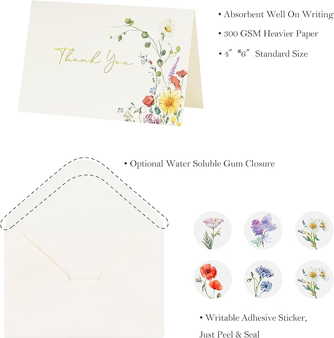 Crisky Thank You Cards 4 Assortment, Gold Foil Watercolor WildFlowers (50 Cards with Envelopes for Birthday, Baby Shower, Bridal Shower, Wedding, All Occasion)