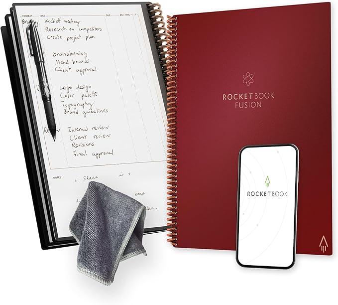 Rocketbook Fusion Reusable Undated Productivity Planner, Letter Size 8.5x11, Maroon - Goals, Monthly and Weekly Calendar, Daily To-do List, Lined and Dotted Notes Pages (Pack of 32)