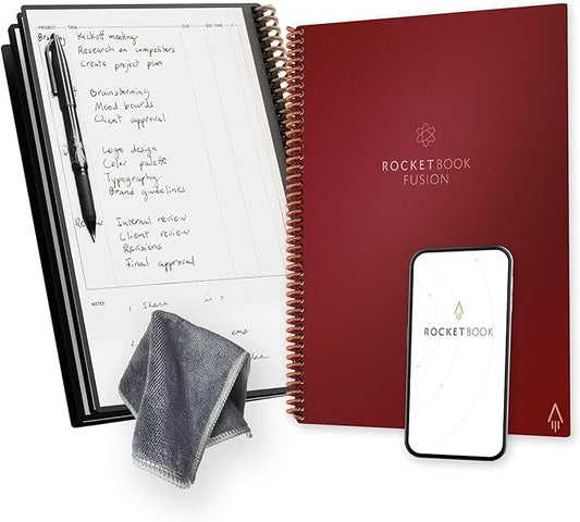 Rocketbook Fusion Reusable Undated Productivity Planner, Letter Size 8.5x11, Maroon - Goals, Monthly and Weekly Calendar, Daily To-do List, Lined and Dotted Notes Pages (Pack of 32)