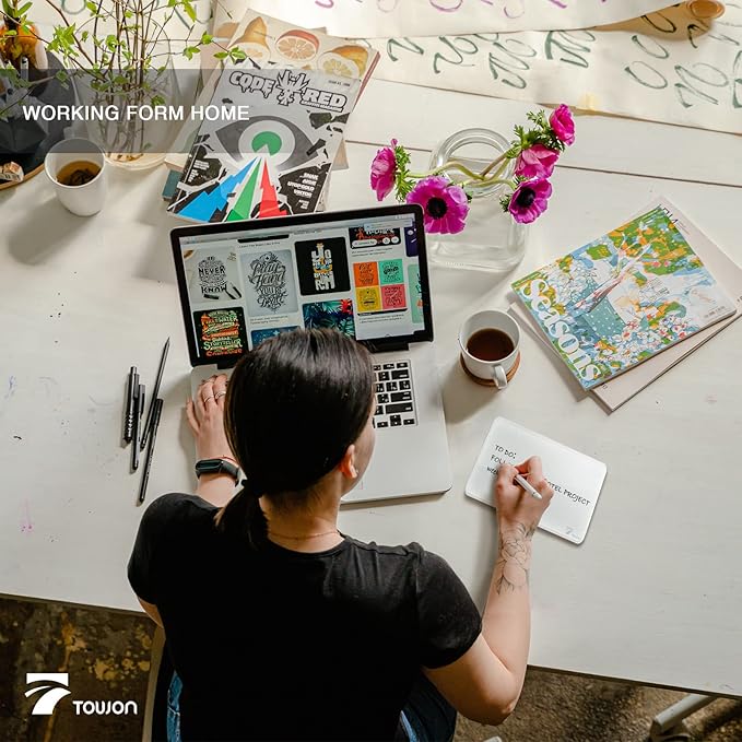 TOWON Small Glass Dry Erase Board, Desk White Board with Standing, Mini Whiteboard Easel Pad Set, Stenography Artifact for Office, Home and School Supplies, 8x6 Inches, White