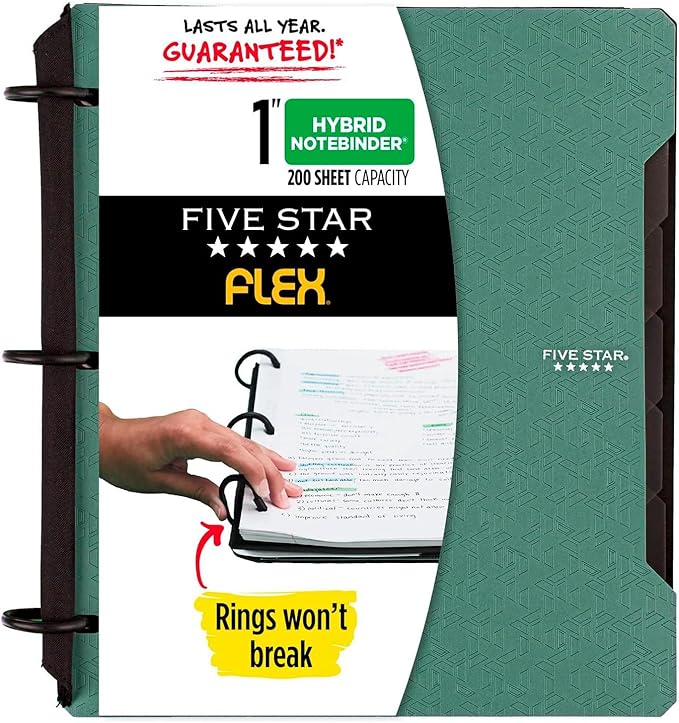 Five Star Flex Refillable Notebook + Study App, College Ruled Paper, 1 Inch TechLock Rings, Pockets, Tabs and Dividers, Seaglass Green (29328AQ8)