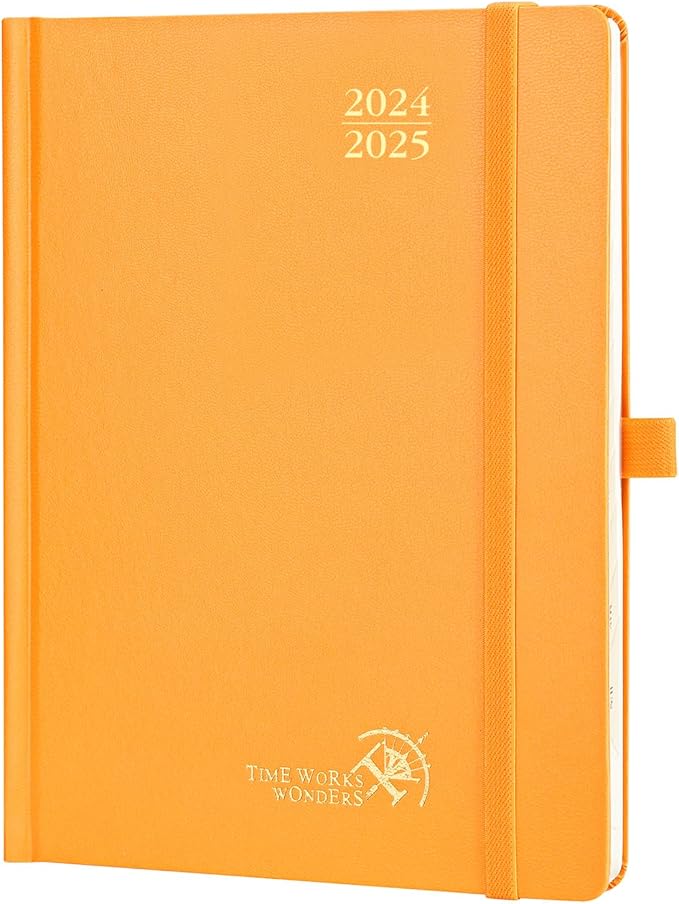 POPRUN Planner 2024-2025, [Medium 6.5'' x 8.5'' Hard Cover] Academic Calendar (July 24-June 25) Daily Weekly and Monthly Appointment Book with Hourly Time Slots, Monthly Tabs, 100 GSM - Orange