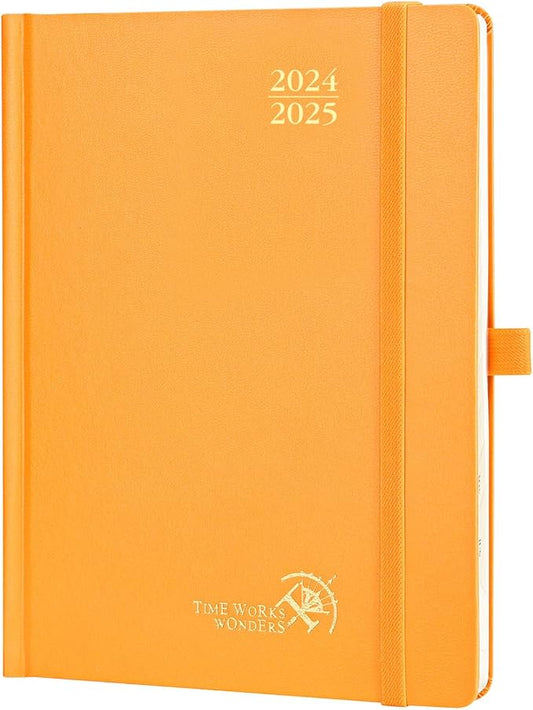 POPRUN Planner 2024-2025, [Medium 6.5'' x 8.5'' Hard Cover] Academic Calendar (July 24-June 25) Daily Weekly and Monthly Appointment Book with Hourly Time Slots, Monthly Tabs, 100 GSM - Orange