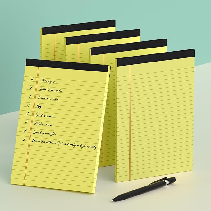 Small Note Pads 5x8 Yellow – 4 Pack, 80gsm Premium Thick Paper, 30 Sheets/ 60 Pages Per Pad, Perforated Pages Narrow Ruled Writing Pad, College Ruled Legal Notepads 5x8 for Homework, Office, Business