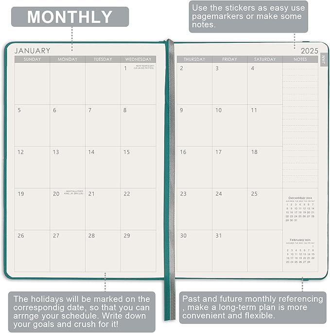 Artfan 2025 Planner - 2025 Planner Weekly and Monthly Planner, Jan. 2025 - Dec. 2025, Leather Planner 2025, 5.75" x 8.25" - Green